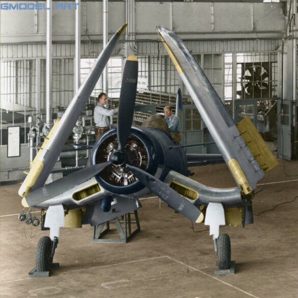 F4U Corsair undergoing overhaul inside NAS Jacksonville maintenance hangar