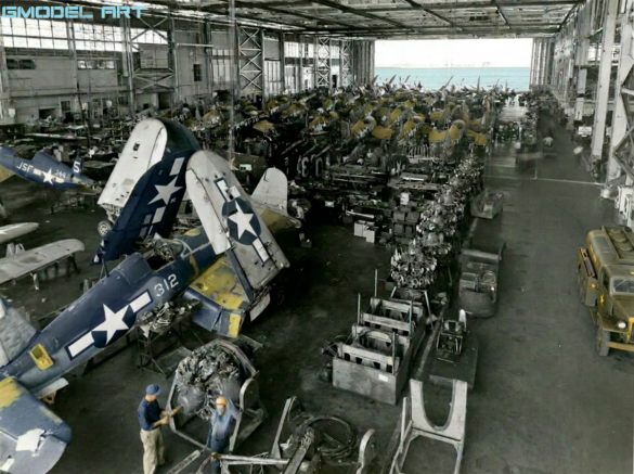 F4U Corsair undergoing overhaul inside NAS Jacksonville maintenance hangar