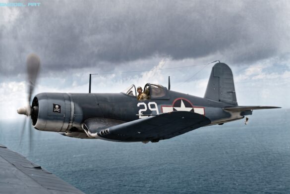 Ira C. Kepford with his F4U-1A Corsair White 29 of VF-17 Jolly Rogers.