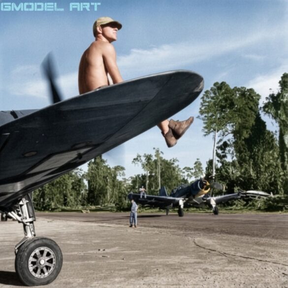 Ira C. Kepford with his F4U-1A Corsair White 29 of VF-17 Jolly Rogers.