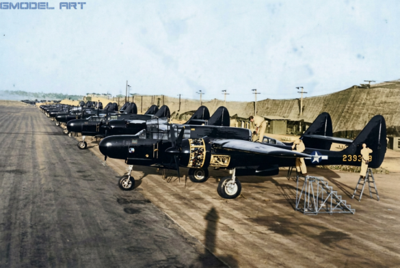 P-61 Black Widow: History, Variants, Combat Units & Modeling Guide Line of P-61 Night Fighter Planes Parked on Airfield