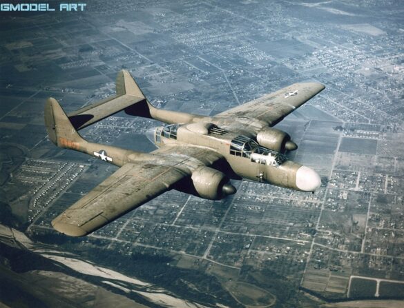 Northrop P-61 Black Widow in overall black night-fighter camouflage during World War II.