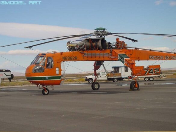 Sikorsky S-64 Skycrane firefighting helicopter operating during wildfire suppression in Greece.