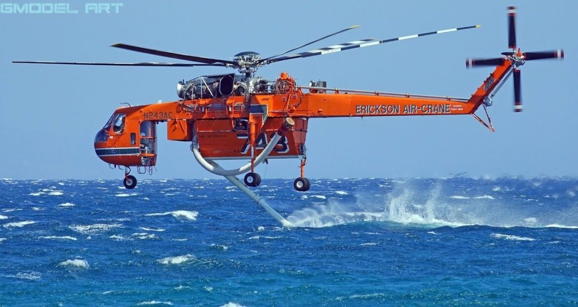 Sikorsky S-64 Skycrane firefighting helicopter operating during wildfire suppression in Greece.
