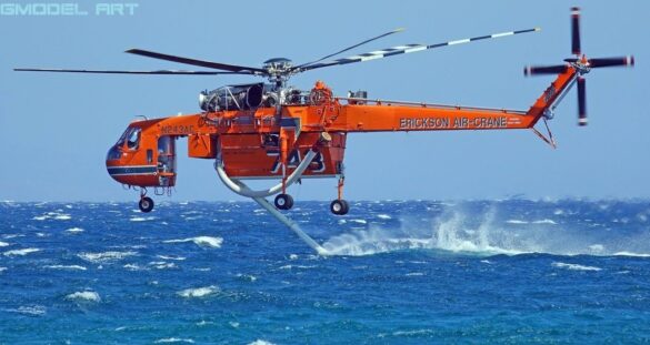 Sikorsky S-64 Skycrane firefighting helicopter operating during wildfire suppression in Greece.