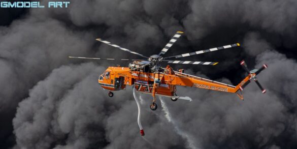 Sikorsky S-64 Skycrane collecting water using its firefighting snorkel.