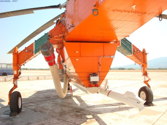 Sikorsky S-64 Skycrane firefighting helicopter operating during wildfire suppression in Greece.